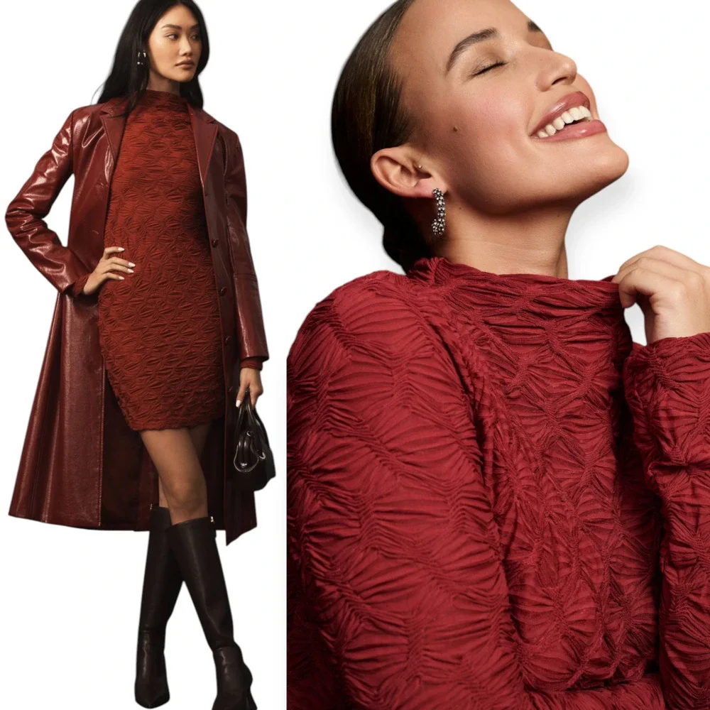 Maeve By Anthropologie Long-Sleeve Scrunch Mini Dress Wine Red XS fits M NWOT - Picture 4 of 8